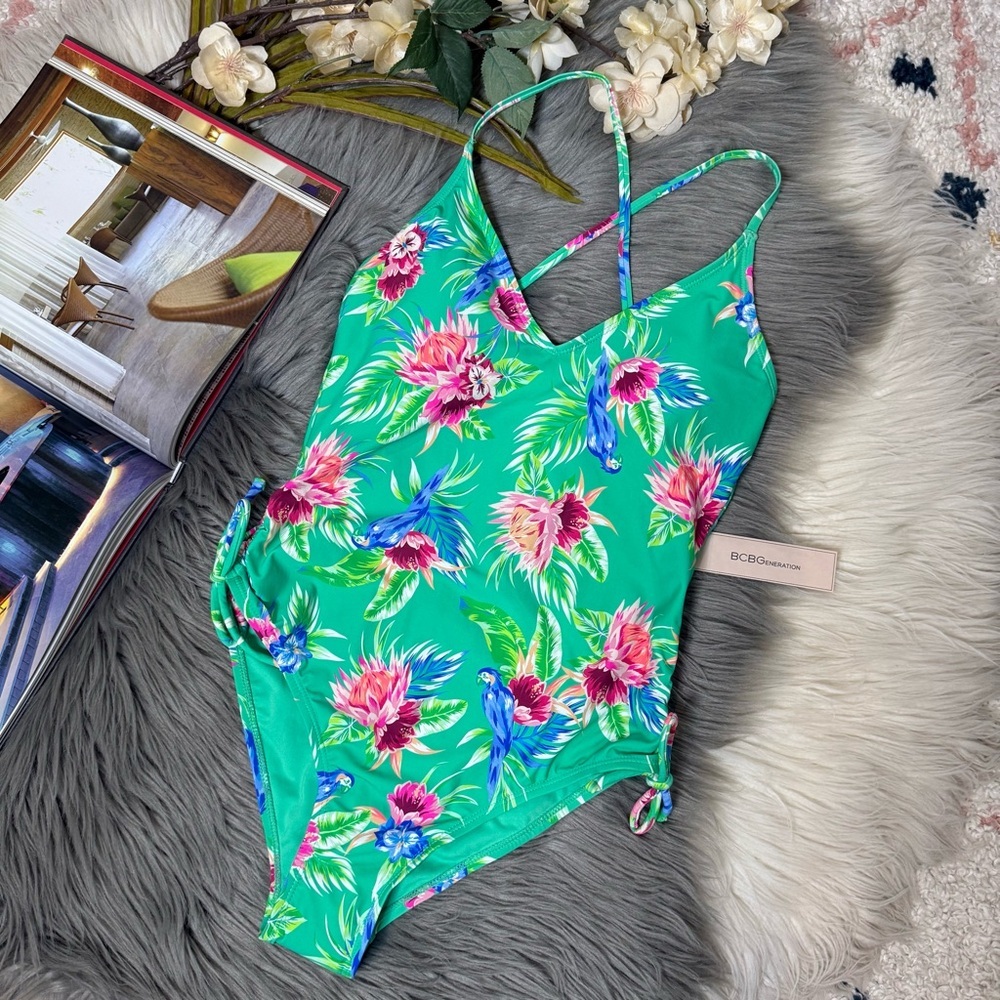 BCBGeneration Green Sour Apple Parrot Tropical Floral One Piece Swimsuit Sz S